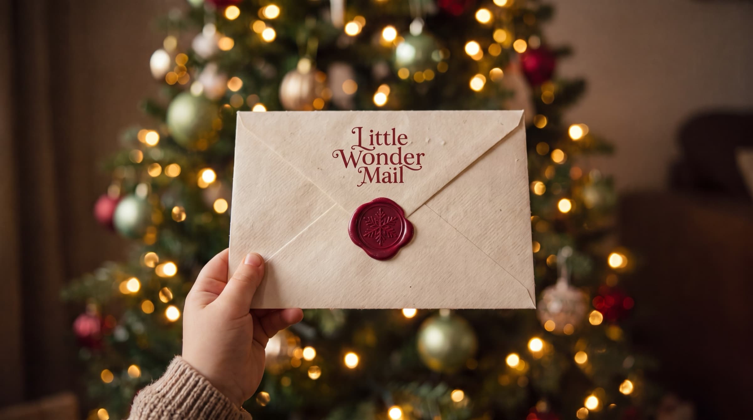 A child holding a sealed Little Wonder Mail envelope in front of a glowing Christmas tree