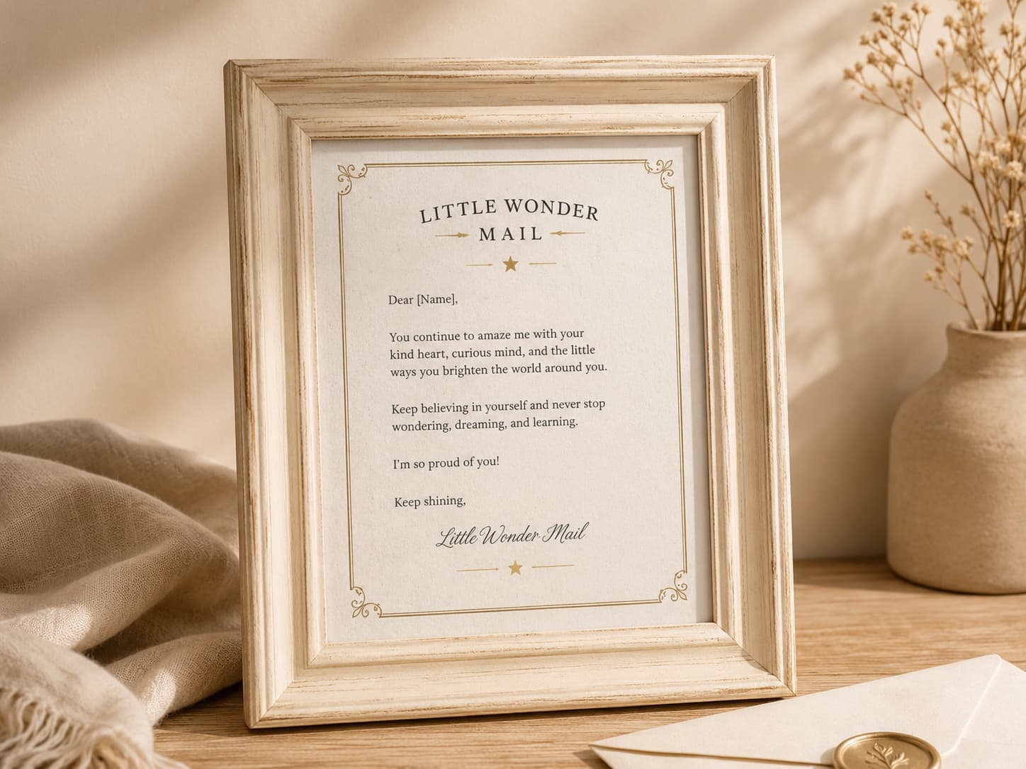 A Little Wonder Mail letter displayed in the keepsake frame